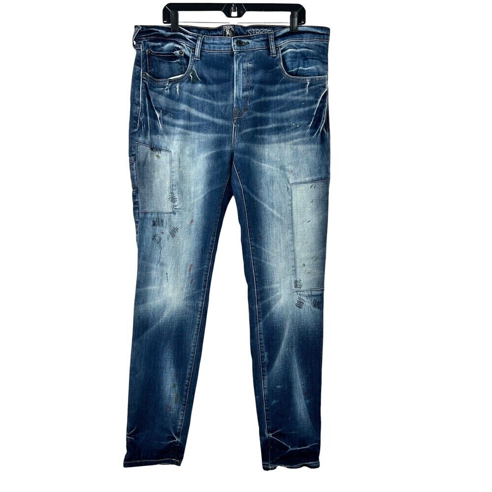 PRPS Jeans 38X33 Windsor Tapered Skinny Paint Splatter Stretch Indigo Distressed